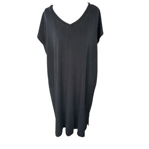 Eileen Fisher Black V-Neck Shift Dress Side Slit Quiet Luxury Elevated Basic Med